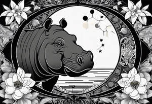 Very asymmetrical, +geometric pattern, with realistic full moon, with seeious looking hippo, +zen feel, + Buddhism touch,
with wintersweet flower bud, +portrait orientation, +inkart touch, tattoo idea