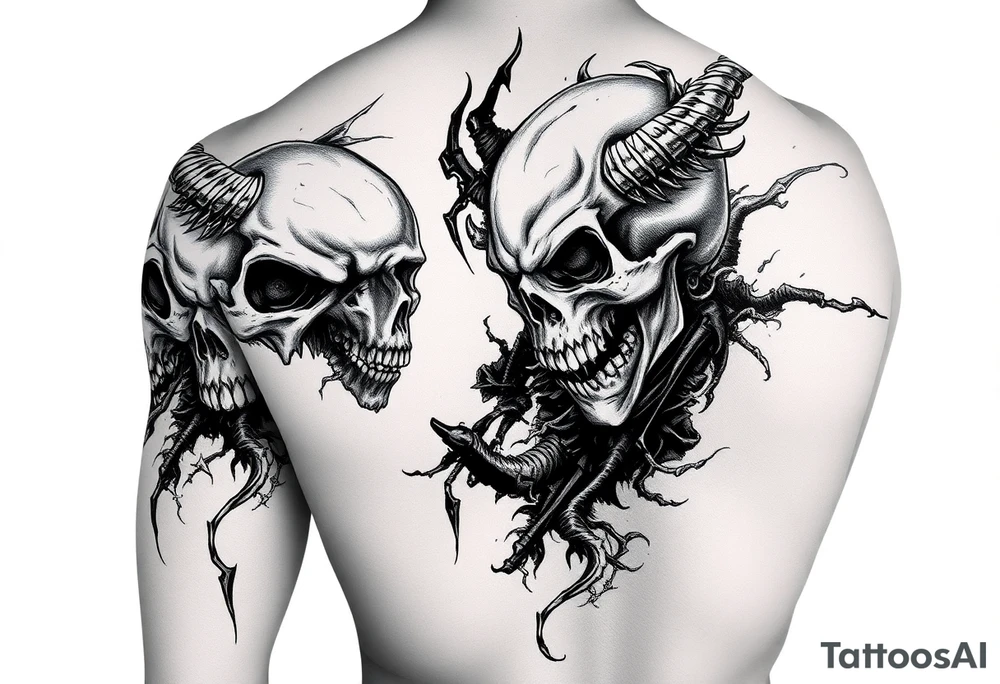Battle of inner demons skulls demons childhood of pain suffering lifetime of  broken promises heart break for a male full arm sleve tattoo idea