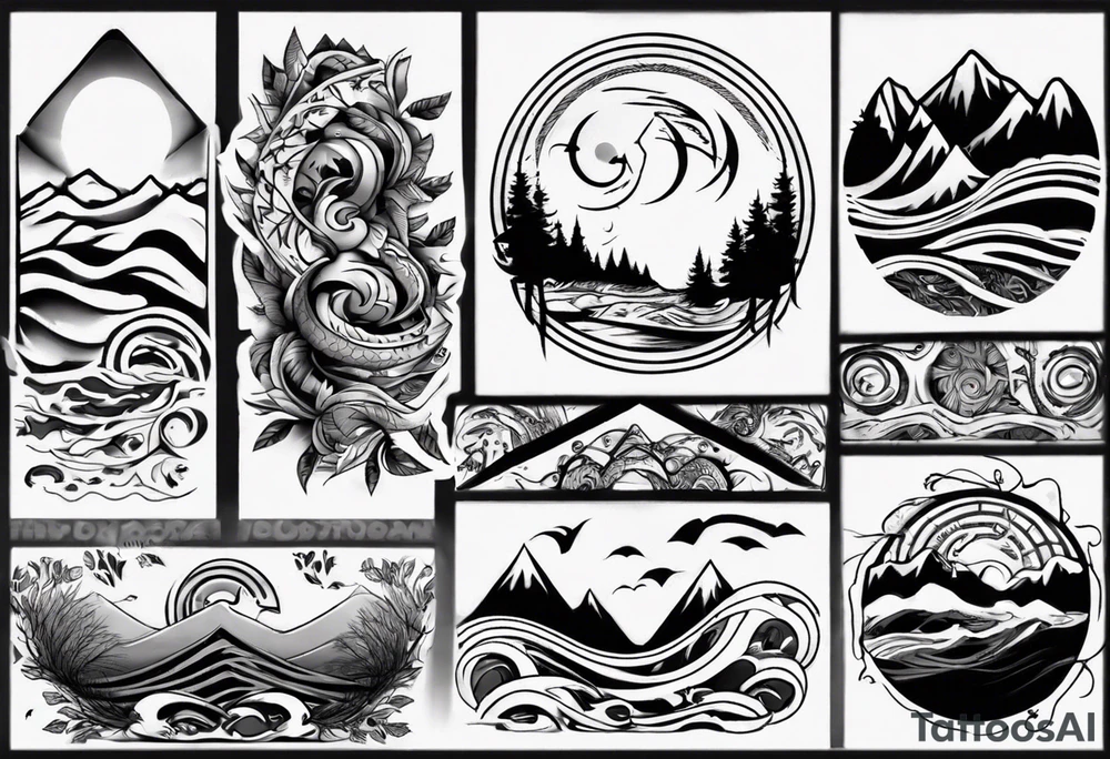 sleeve, mountains, waves, sun, trees tattoo idea