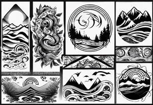 sleeve, mountains, waves, sun, trees tattoo idea