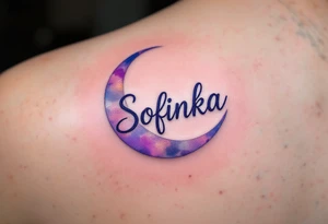 Sofinka name nestled within a crescent moon, shaded in light silver and pastel violet. tattoo idea