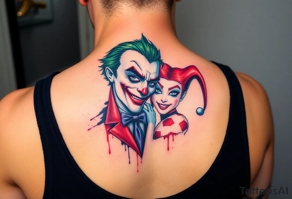 toxic 3d joker and Harley quin together design tattoo idea