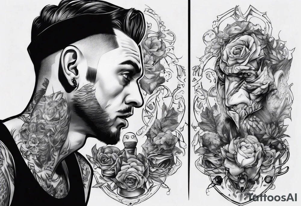 man looking into mirror, seeing his younger self tattoo idea