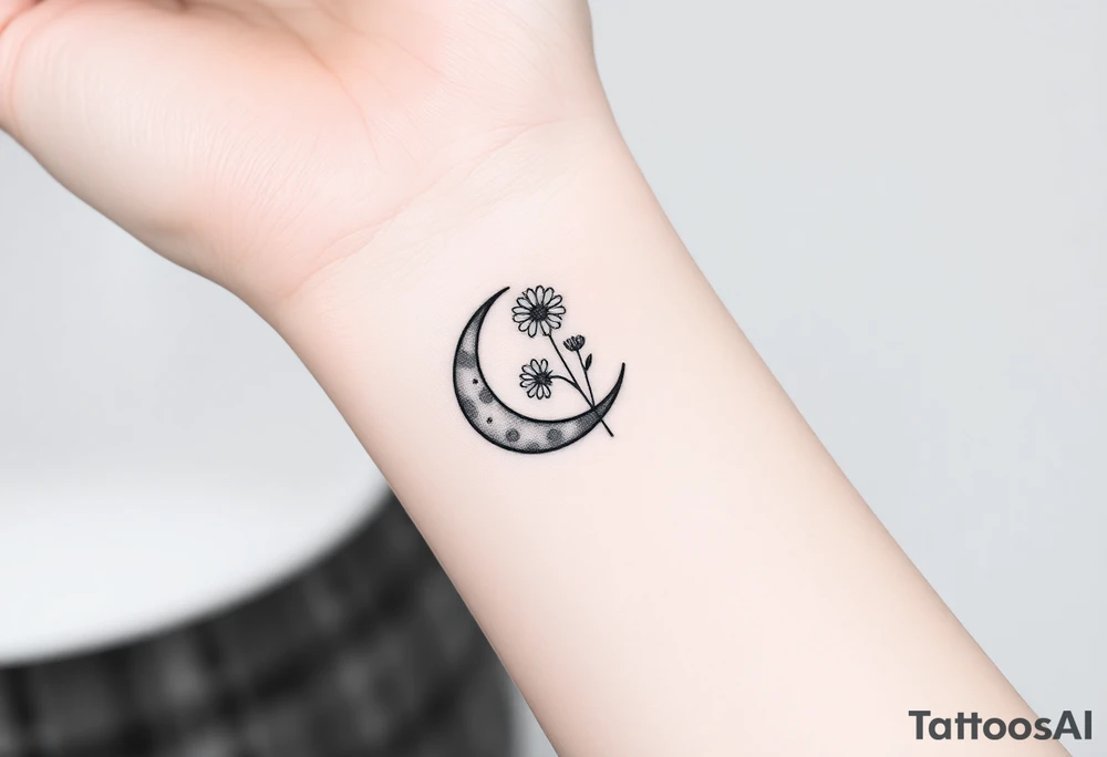 Small black and white tattoo waxing crescent moon with small Daisy birth flower and tiny Leo gliph tattoo idea