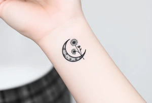 Small black and white tattoo waxing crescent moon with small Daisy birth flower and tiny Leo gliph tattoo idea