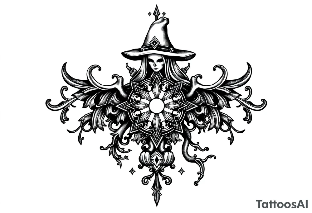 mystical dark and long ornament with witch mytolog and ancient rhyme tattoo idea