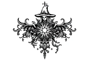 mystical dark and long ornament with witch mytolog and ancient rhyme tattoo idea