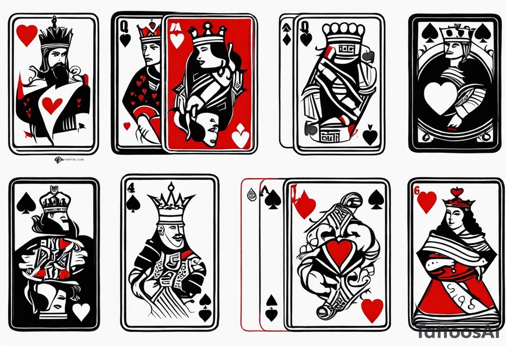 one combined tatto in minimalistic style with icon style three king of spades and icon style one queen of hearts. extreme minimalstic and few lines. much more minimlastic and fewer lines tattoo idea