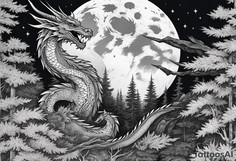 Dark forest with dragon flying over it in front of the moon tattoo idea