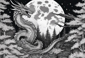 Dark forest with dragon flying over it in front of the moon tattoo idea