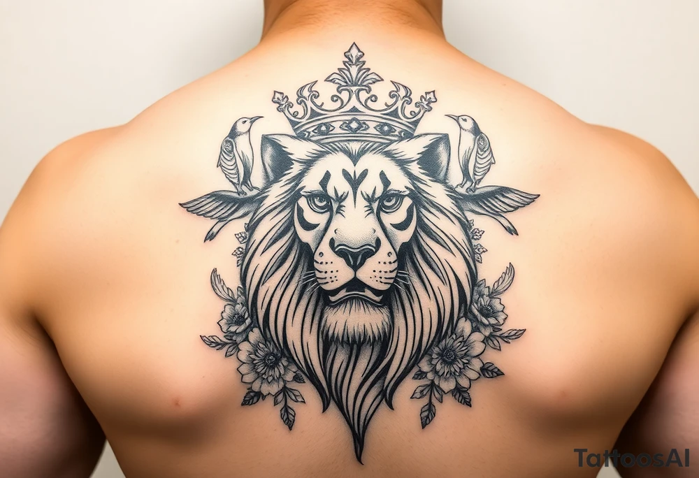 powerful majestic lion with a crown, surrounded by floral ornaments and birds tattoo idea