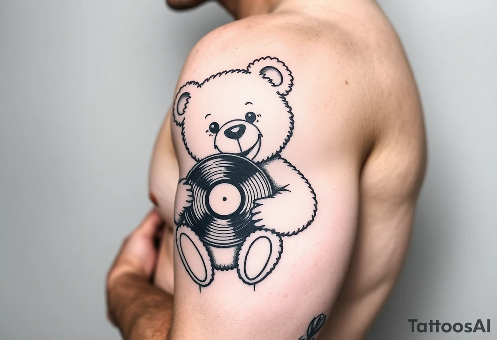 minimalist teddy bear smiling and holding a vinyl record tattoo idea