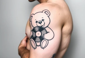 minimalist teddy bear smiling and holding a vinyl record tattoo idea
