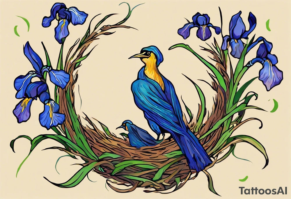 Create a colorful, small Vincent van Gogh Irises tattoo with a nest and bird. The tattoo should take the form of a crescent, with vines gracefully intertwining at a central point in the middle of the wreath. Ensure that the design avoids the appearance of a bush and maintains a more structured and deliberate arrangement. The intended placement is on the upper chest. The overall design should be small in size while maintaining a delicate and artistic aesthetic. Pay attention to the graceful flow of the vines and the placement of the irises to achieve a refined and elegant look tattoo idea