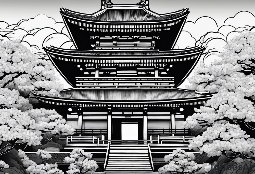 Japanese temple with cherry blossom leaves surrounding tattoo idea