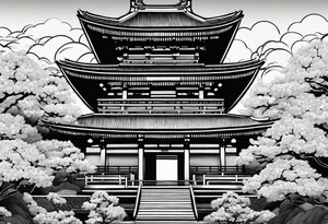 Japanese temple with cherry blossom leaves surrounding tattoo idea