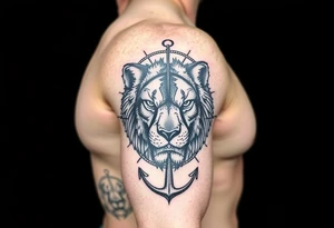 a fragmented depiction of a lions face revealing the eyes and face of both a Wolf and Bear, Compass Gears and an Anchor tattoo idea