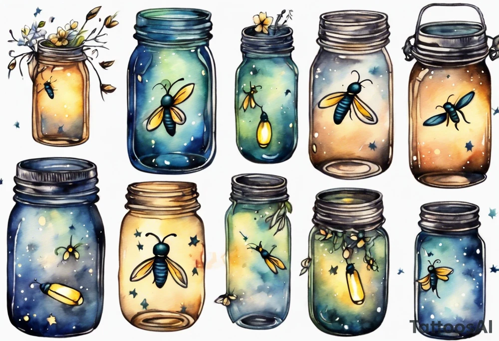 Fireflies flying out of a mason jar and all around the mason jar tattoo idea