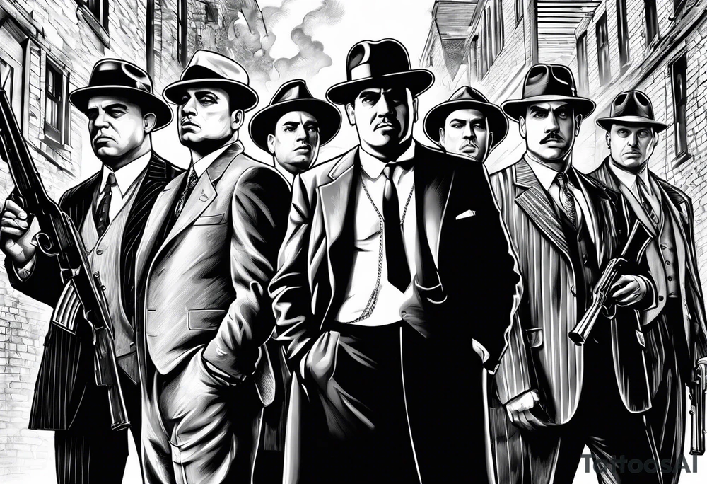 group of gangsters standing together including Al Capone, John Dillinger, Machine Gun Kelley, Bonnie and Clyde along with tommy guns tattoo idea