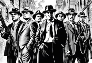 group of gangsters standing together including Al Capone, John Dillinger, Machine Gun Kelley, Bonnie and Clyde along with tommy guns tattoo idea