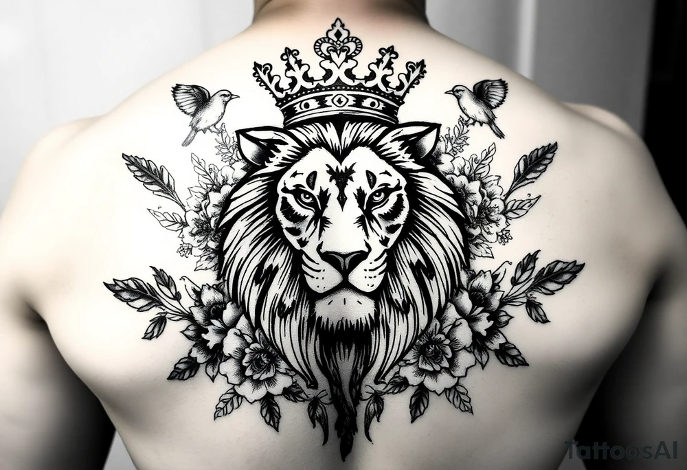 powerful majestic lion with a crown, surrounded by floral ornaments and birds tattoo idea