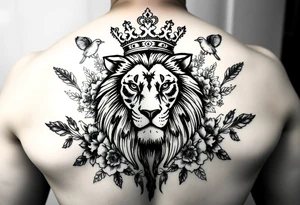 powerful majestic lion with a crown, surrounded by floral ornaments and birds tattoo idea