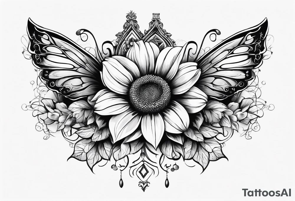 Arm sleeve with Winged cross with sunflower and butterflies tattoo idea