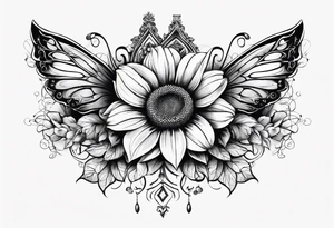 Arm sleeve with Winged cross with sunflower and butterflies tattoo idea