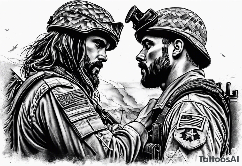 A modern soldier face to face with death with Jesus over the soldier’s shoulder tattoo idea