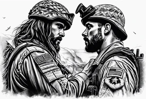 A modern soldier face to face with death with Jesus over the soldier’s shoulder tattoo idea