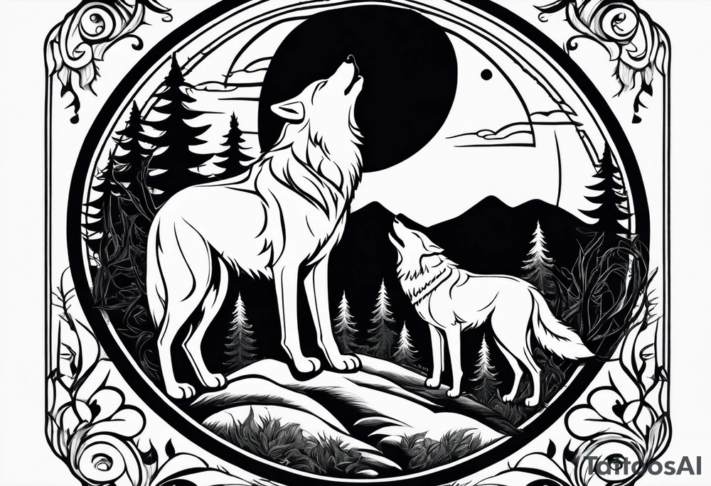 Mountain peaks
Two wolves sitting at end of trail
Moon
Dark woods tattoo idea