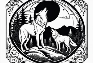 Mountain peaks
Two wolves sitting at end of trail
Moon
Dark woods tattoo idea