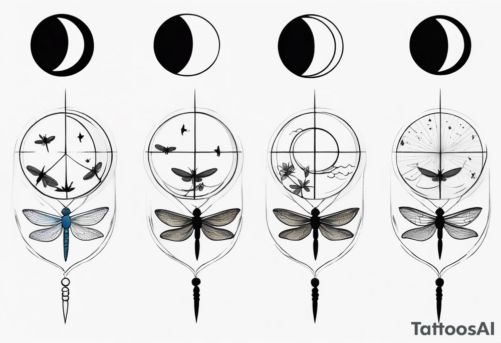Moon phases with small dragonfly vertical tattoo idea