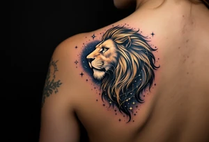 A golden Leo lion roars beneath a constellation of stars inked in shimmering white and navy blue on a galaxy-tinted sky. tattoo idea