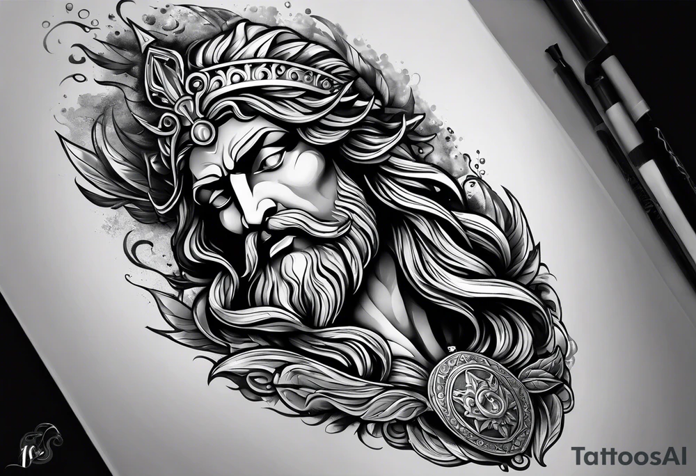 Elbow to wrist tattoo, with most of it being the god Poseidon. I want it to be very detailed. I would like it to flow from the tattoo above which has clouds as a background tattoo idea