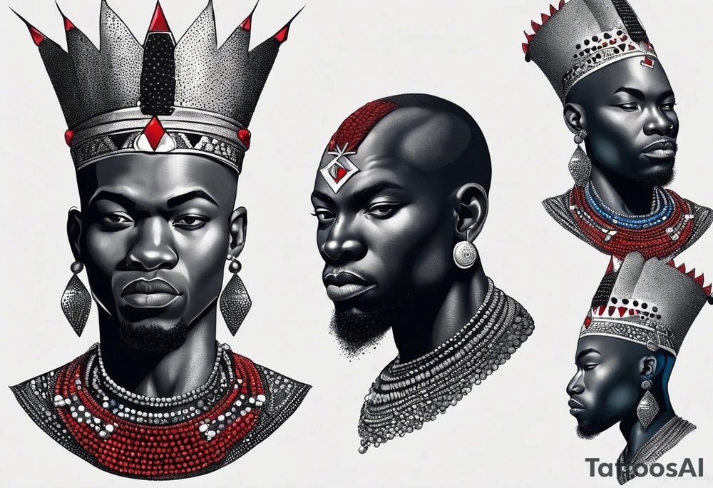 Black-skinned bald african warrior. He wears a simple and small silver crown. He uses two simple necklaces: one blue, other red. tattoo idea