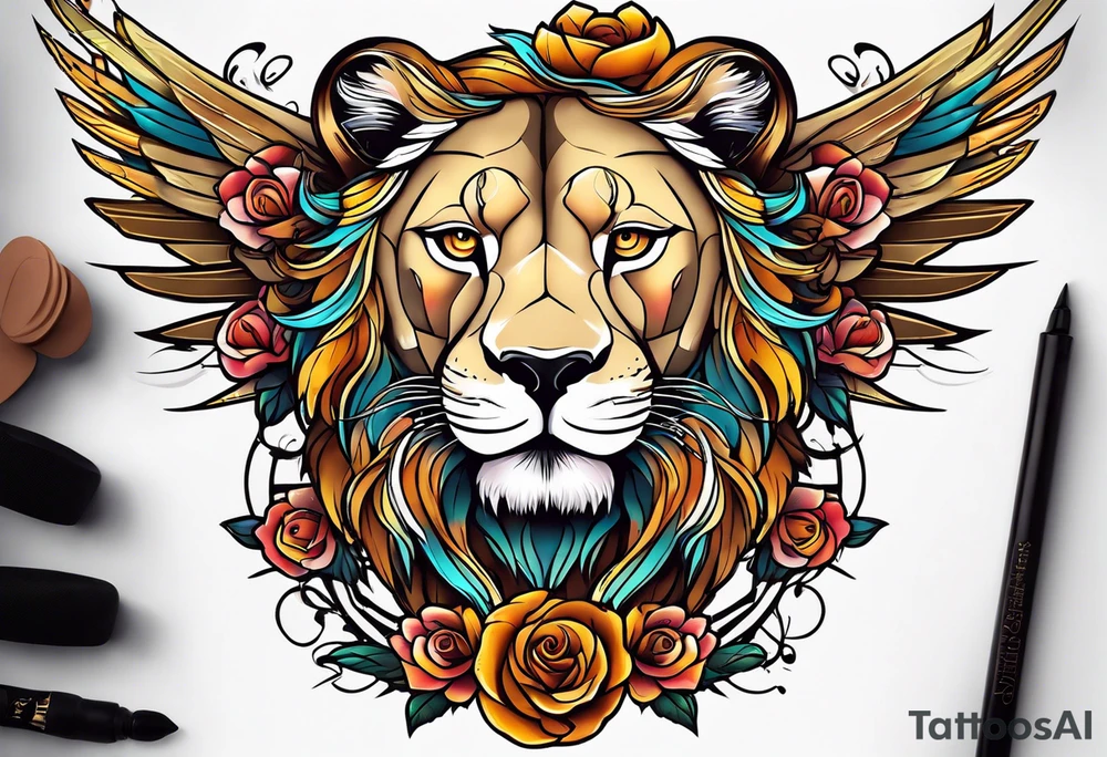 Lioness with wings clock tattoo idea