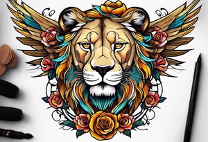 Lioness with wings clock tattoo idea