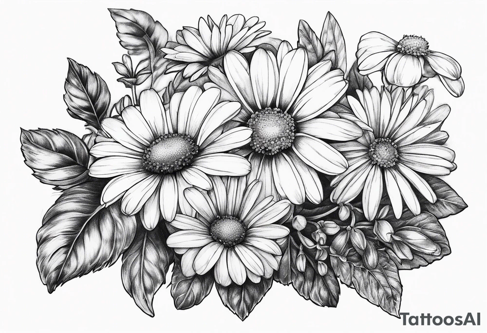 Bouquet of daisies and violets tattoo idea
