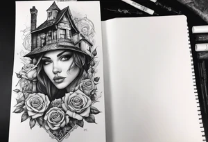 fool sleeve,, abandoned old gotic house, broken sword, roses, tattoo idea