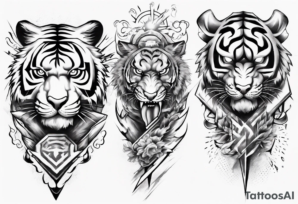Tiger Warrior sleeve tattoo with lightning and the sun
Forearm sleeve tattoo idea