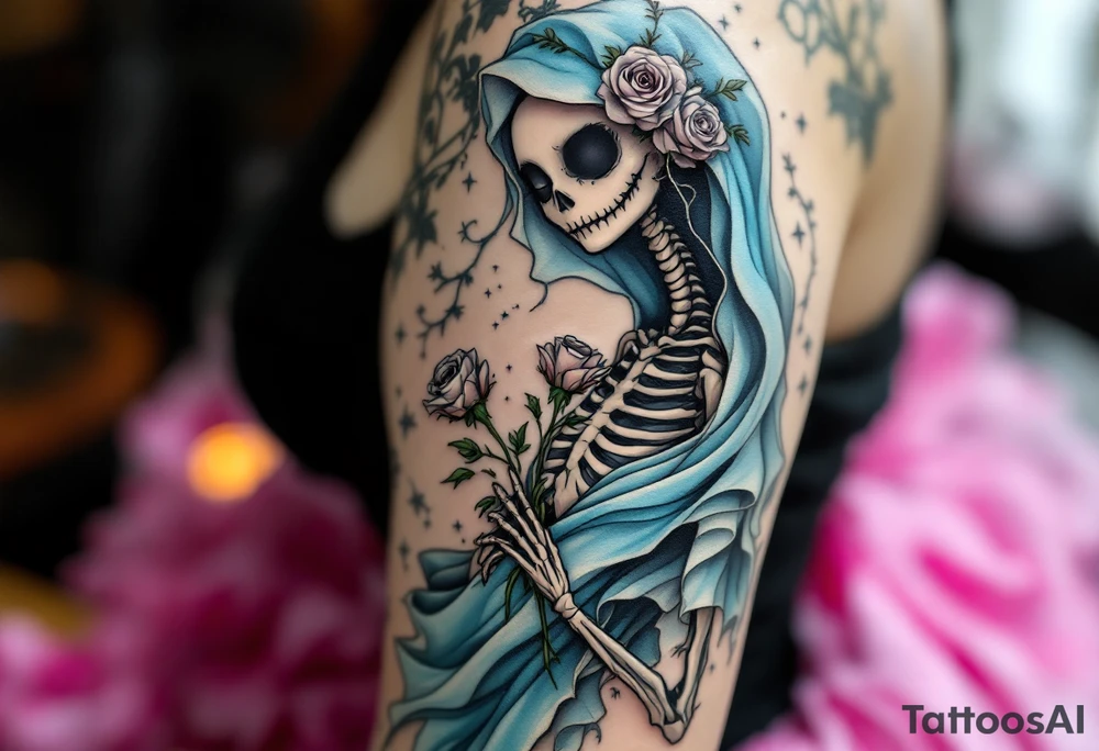 Tim Burton’s skeletal bride wears a tattered ice-blue gown, with wilted gray roses in her hand. tattoo idea