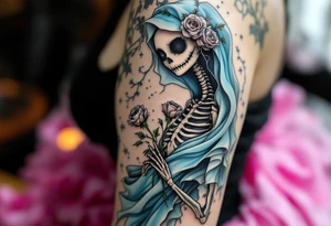 Tim Burton’s skeletal bride wears a tattered ice-blue gown, with wilted gray roses in her hand. tattoo idea