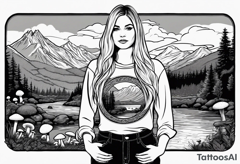 Whole picture encircled fully

Straight long blonde hair hippie girl in distance holding mushrooms in hand facing away toward mountains and creek surrounded by mushrooms long sleeve shirt and hiking pants; whole rendering within a full celtic circle, no cut off circle tattoo idea