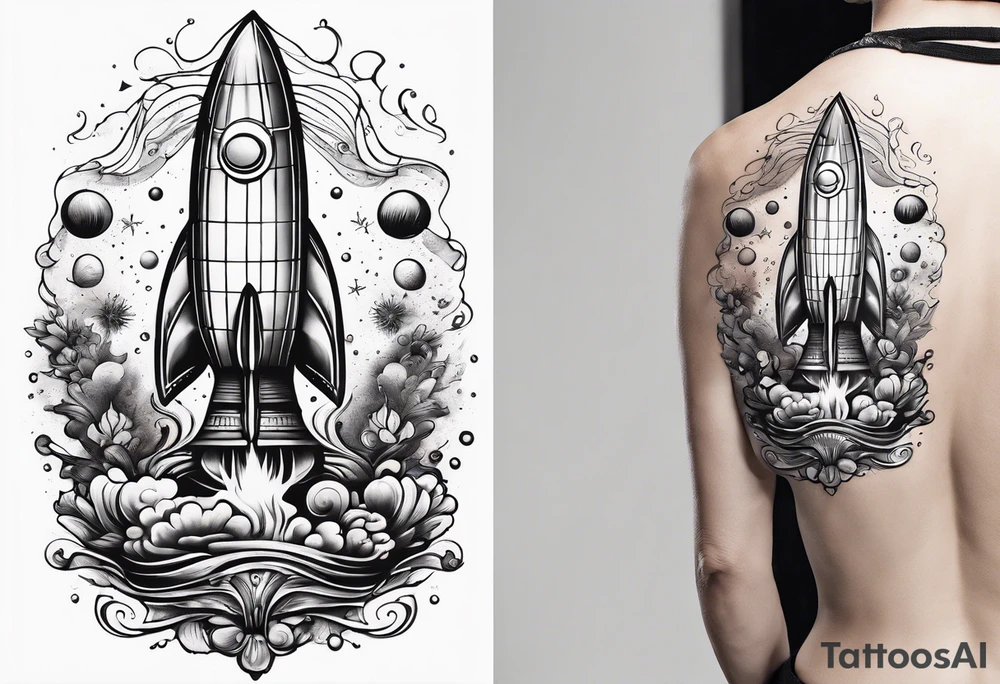 thin rocketship with a psychedelic mushroom top with fire coming out the bottom bursting out of bubble tattoo idea