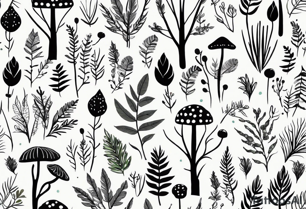 forest floor inspired minimalist tattoo, which includes grass, curly ferns, moss and dead leaves as the bulk of the tattoo. details to include: forest berries, a tiny bumblebee flying nearby, three small brown mushrooms
Generate a vertically long one tattoo idea
