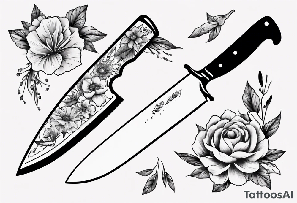 chef knife with flowers on the blade tattoo idea