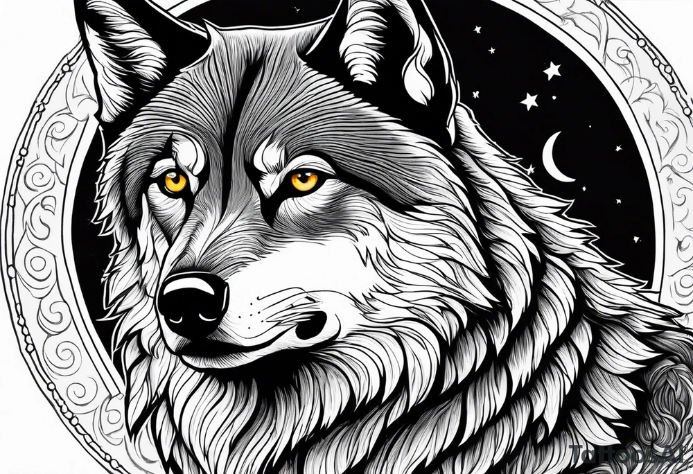 lone wolf face, lonely but wise, staring at moon tattoo idea