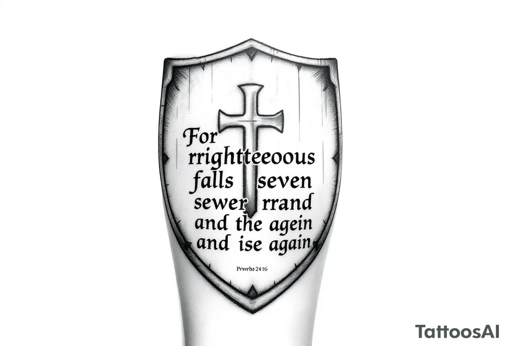 Full upper forearm tattoo design, vertical layout. A detailed medieval shield etched with a sharp Christian cross, sitting flat against a solid stark white background. Woven around the shield, the full bible verse text is clearly written in a bold medieval gothic font: "For the righteous falls seven times and rises again." Below the text is the citation "Proverbs 24:16". High contrast black and grey realism, sharp linework, completely solid white background, strictly no clouds. tattoo idea