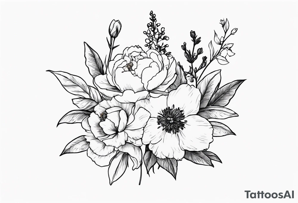 small flower bouquet with a peony, larkspur, rose, and daffodil with stems showing tattoo idea
